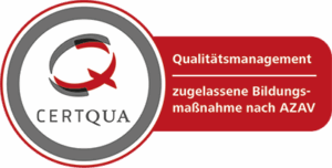 Rotes Zertifikat mit silbergrauem Kreislogo und Schriftzug für Qualitätsmanagement