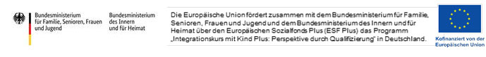 Logo der Bundesregierung und EU neben Texttafel mit Projektbeschreibung auf weißem Hintergrund