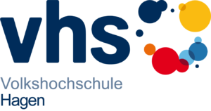Logo der Volkshochschule Hagen mit bunten Kreisen neben den Buchstaben vhs